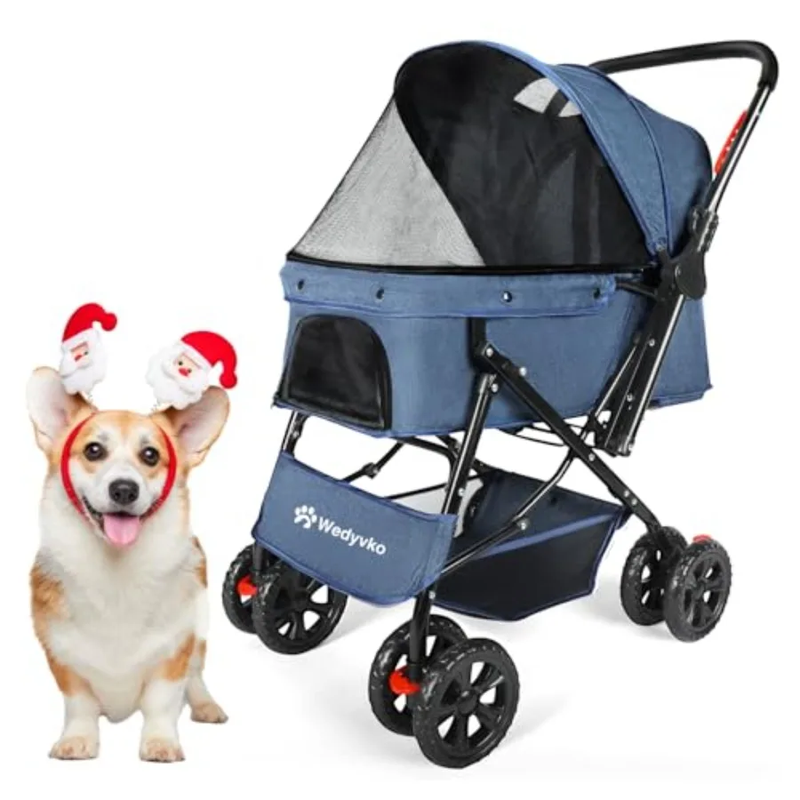 

Medium Dog Stroller 50lb Blue with Reversible Handlebar 360 Front Wheel Foot Brake Wide Mesh Capy 2 Security Leashes Cup Holder