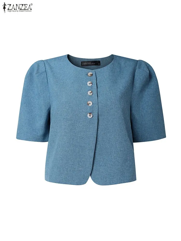 2025 ZANZEA Moda donna Cardigan Manica corta a sbuffo Camicie solide Girocollo Elegante Office Lady Top Bottoni Camicetta estiva