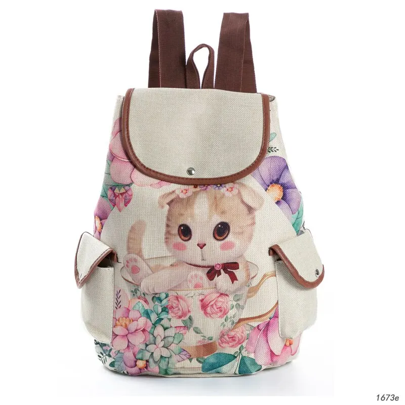 Creative Backpack Cartoon Cute Cat Print Schoolbag Large Capacity Cute Linen Women Shoulder Bag Backpacks For Girls School Child