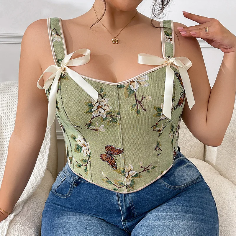 

Women‘s Plus-Size XL-4XL Atrovirens Sage Green Floral Corset Top French-Inspired Print Lace-Up Wrap Style Exotic Sets