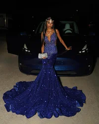 Royal Blue Mermaid Prom Dresses For Black Girl Luxury Beaded Crystals Evening Gowns Long Women Sequin Party Gala Robes De Soiree