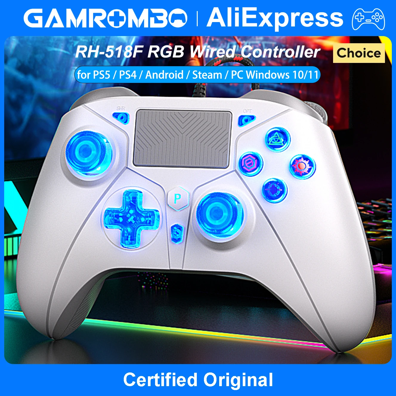 

RGB Wired Controller for PS5 Pro/Slim/PS4/PC 6.5ft Cable Gamepads W/ 3.5mm Headphone Jack/Dual Vibration/Macro/Trubo Function