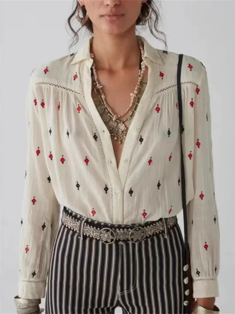 

Boho Women's Cotton Blouse Hollow Out Embroidery Loose Fit Spring Summer 2026 Casual Bohemian Top
