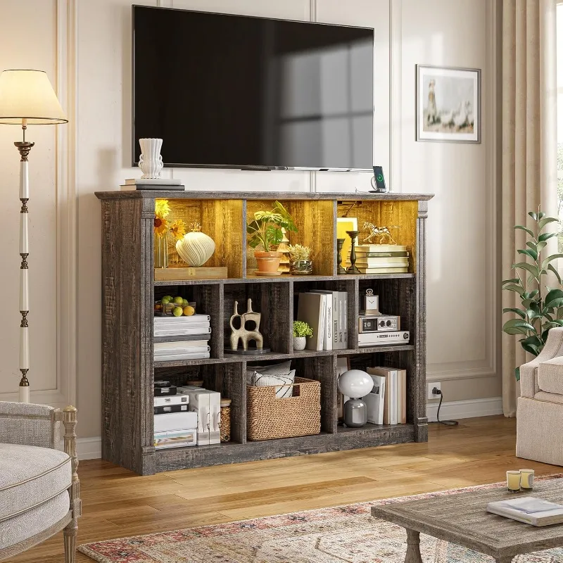 LED 조명과 충전 스테이션이 있는 10개의 큐브 수납 정리함, 침실 거실용 나무 큐브 선반 디스플레이 캐비닛