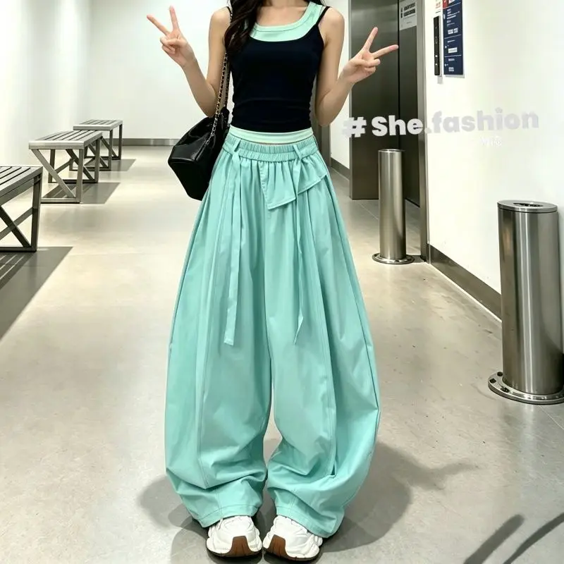 Mint green thin white design scimitar new fashion versatile high waist high wide leg pants  techwear women