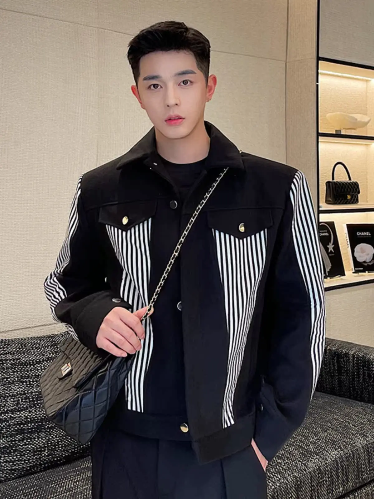 

Модная мужская куртка с пэчворк-дизайном, свободного кроя, шерстяное пальто, молодежная стильная верхняя одежда для весны, осени и зимы