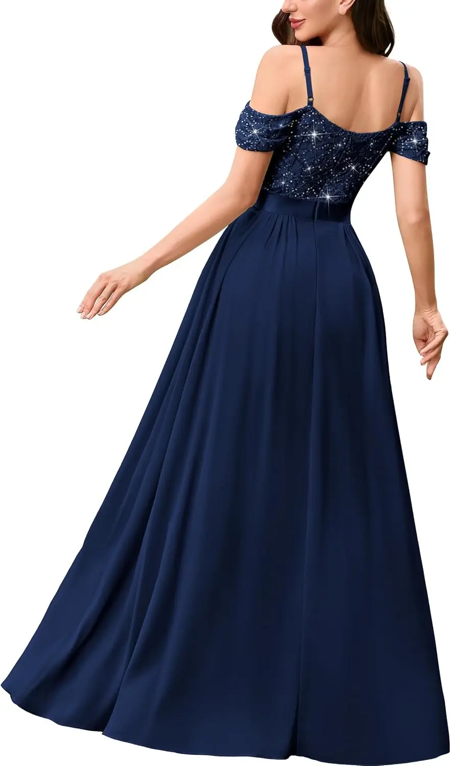 Feminino fora do ombro elegante lantejoulas divisão cintas de espaguete casamento maxi vestido formal feminino elegante vestido formal