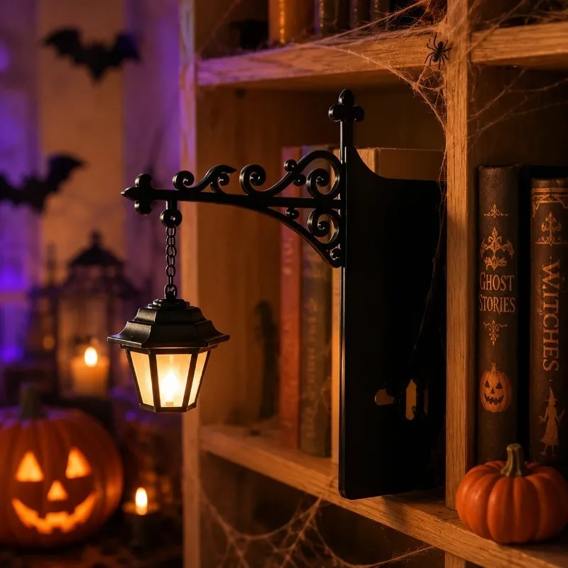Bookshelf Lamp Night Light, Vintage Black Metal Hanging Lantern, Warm Accent for Bedroom Study Reading Nook Halloween Decor