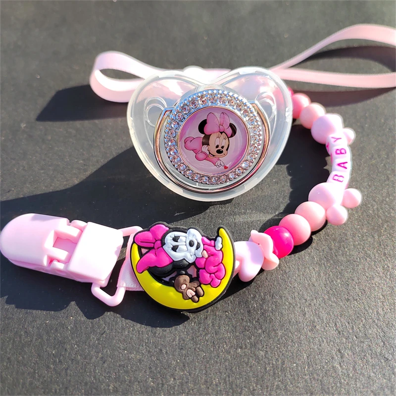 Unique Personalized Name Pacifier Clips with Rhinestones Disney Minnie Mouse Doll Children's Nipples Teethers Babies Accessories