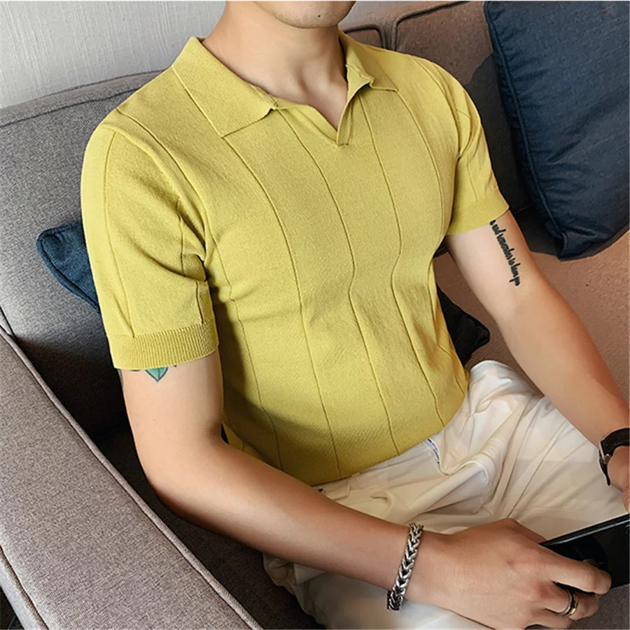 2025 جديد الصيف الرجال سليم صالح موضة الخامس الرقبة قمصان بولو محبوك تي شيرتات قصيرة الاكمام مخطط ملابس للرجال عادية تي شيرت