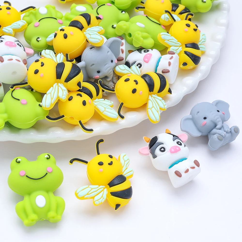 4Pcs 3D Animal Themed Silicone Beads Cow Elephant Frog Bee For DIY Baby Pacifier Chain Accessories Jewelry Making Accessories image 4