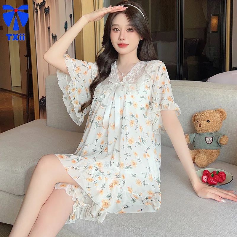 TXii Newlook Summer printed V-neck lace lace lace sweet and loose princess style mesh short sleeved pajama set for home wear