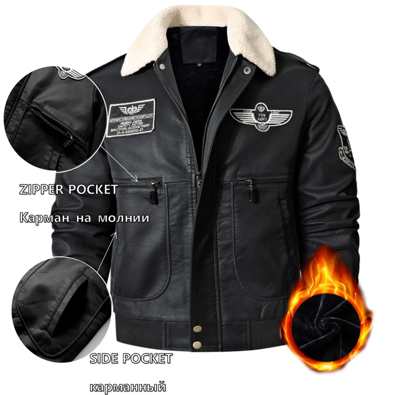 Thickened Style Leather Fashion Men Outerwear Fur Collar Men's Embroidery Leather Jackets Male Casual Plus Velvet Leather Jacket
