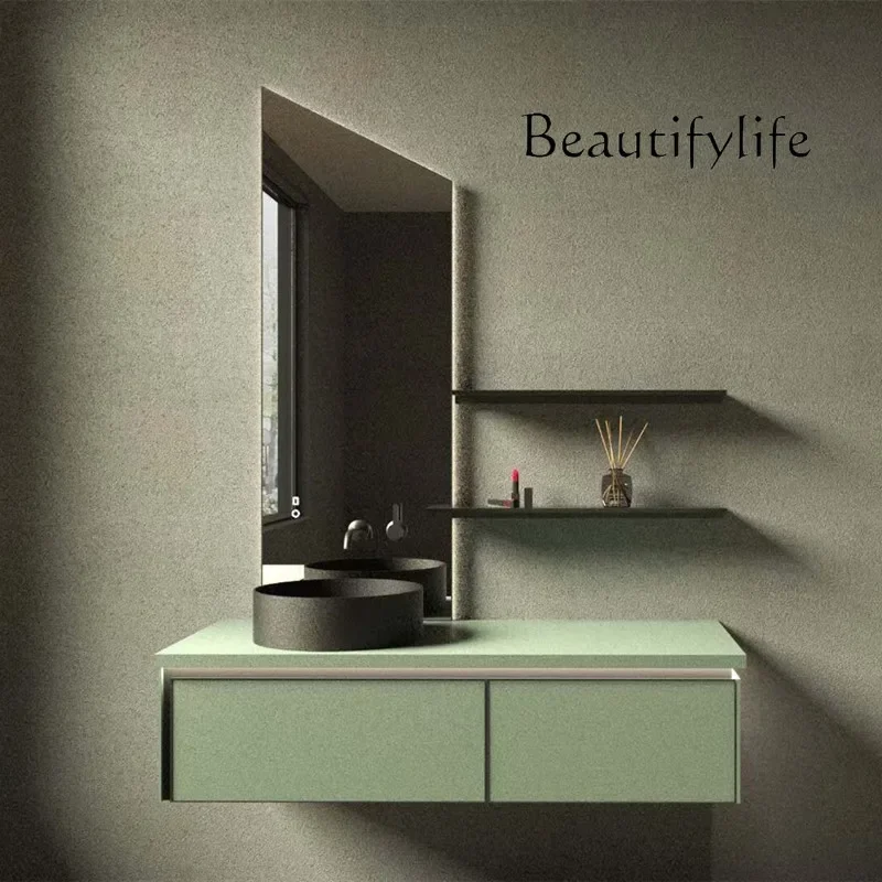 Q Green bathroom cabinet combination Italian simple intelligent solid wood rock slab table basin washing table