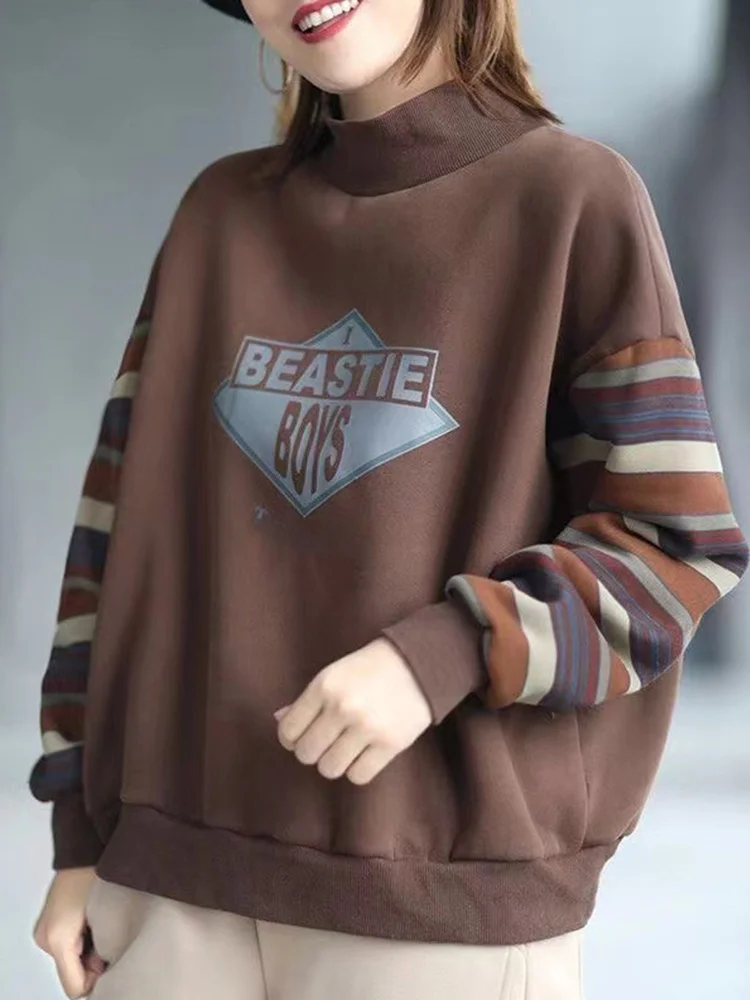 

Зимняя повседневная удлиненная толстовка с принтом-надписью, высоким воротником, теплая, удобная верхняя одежда, свободный крой в корейском стиле