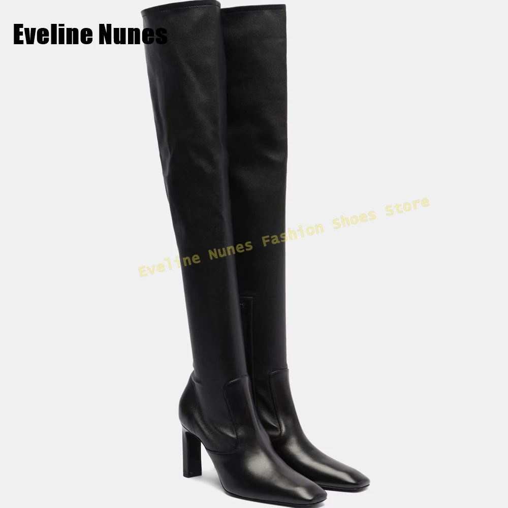 

Elegant Catwalk Over The Knee Boots Square Toe Blade Heel Solid Splicing Pleated Fashion Stretch Boots Plus Size 35-45 2026 New
