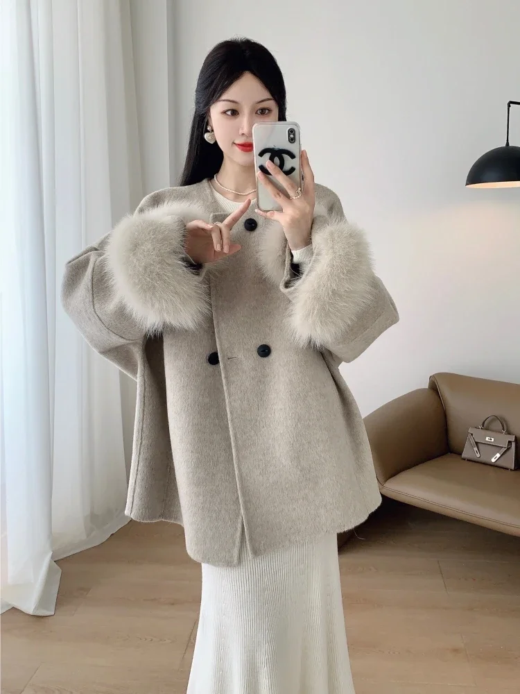 2024 New Women's Fashionable Wool Coat with Real Fox Fur Collar Fox Fur Cuff Coat Wool Cloak Cashmere Jacket