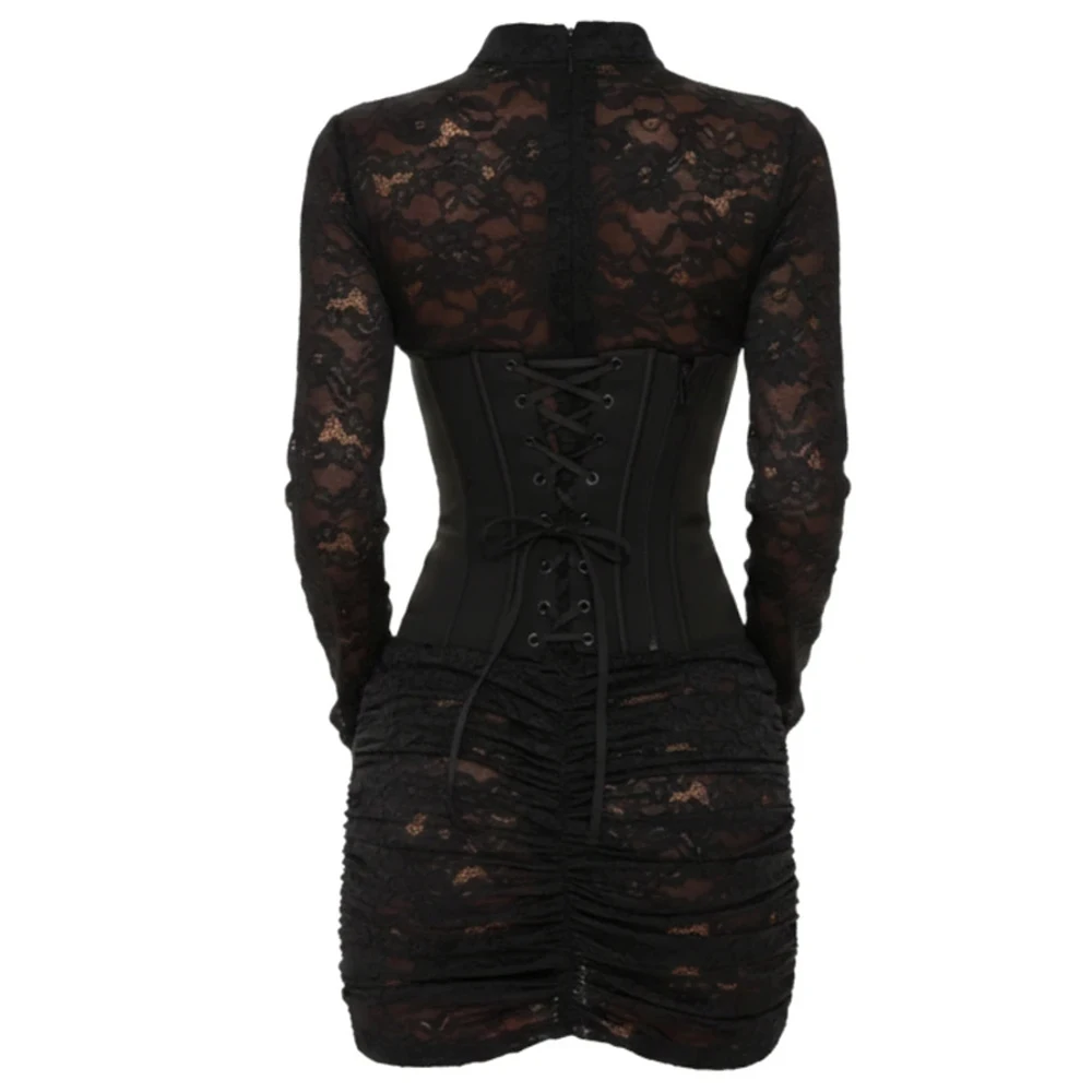 Damen-Minikleid mit Stehkragen und Schlüssellochausschnitt, Spitze, lange Ärmel, formgebendes Korsett, tailliert, figurbetont, sexy Nachtclub-Party-Outfit – Detail 6