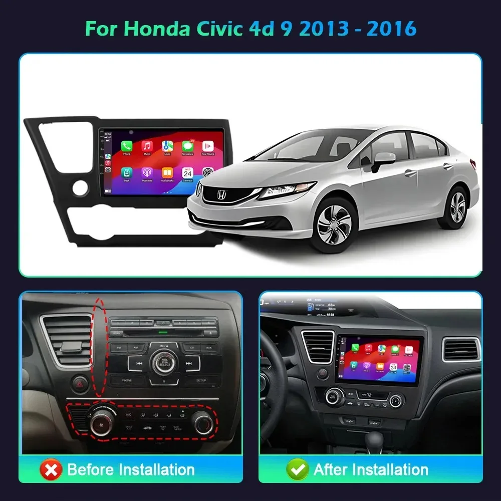 Android 14 For Honda Civic 4d 9 2013-2016 Car Radio Navigation Wireless Bluetooth CarPlay Multimedia 4G GPS Touch Screen Stereo