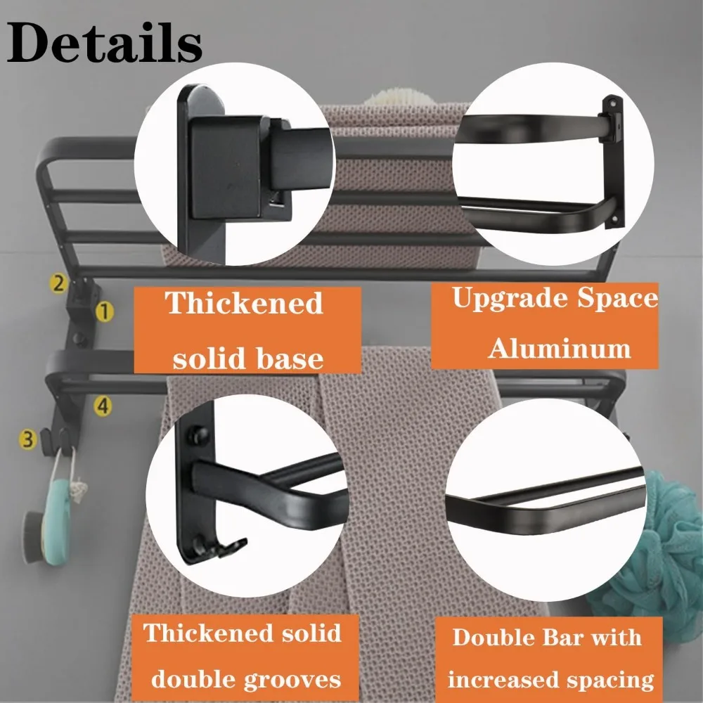 Bathroom Towel Rack with Double Bar and Foldable Shelf, Rust-Resistant Wall-Mounted Organizer