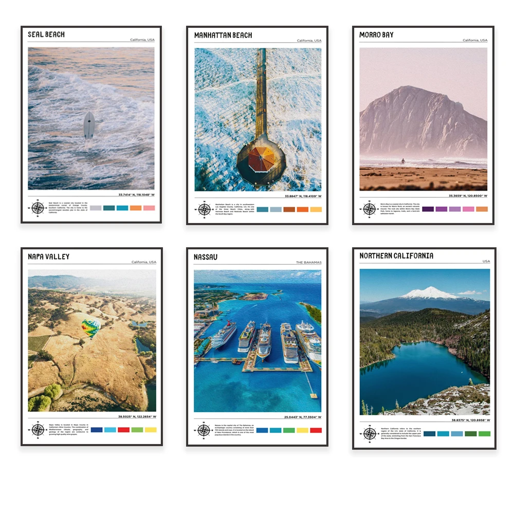 Seal Beach, Isla Sorna, Santa Monica, Morro Bay, Catalina Island, Bahamas, Napa Valley, Monterey, Manhattan Beach travel poster