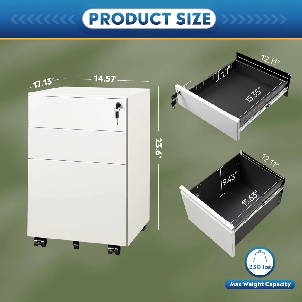 Under Desk 3-Drawer Metal File Cabinet for Legal/Letter/A4 Files, Lockable Storage with Wheels Not Included