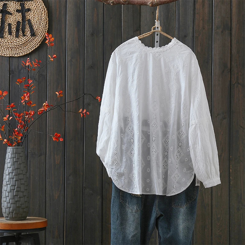 

Casual Style Pure Cotton Lace Collar Embroidered Loose Long Sleeve Shirt Women's Autumn Fashion Slimming Top Front Back Wear
