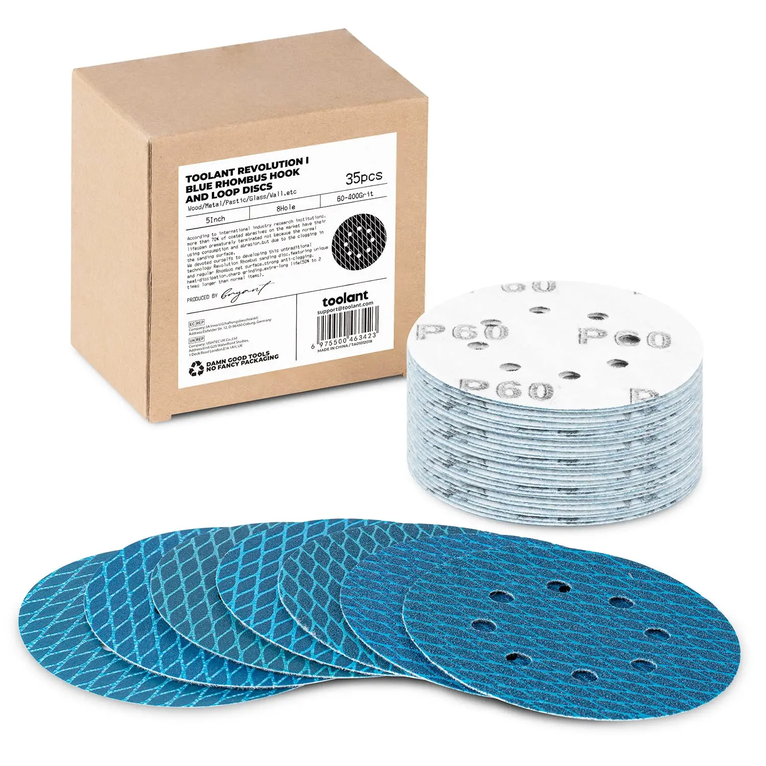 

50pcs Diamond Shape 5 Inch Sanding Discs, Assorted 8 Hole Hook and Loop for Random & Orbital Sanders (60-400 Grit)