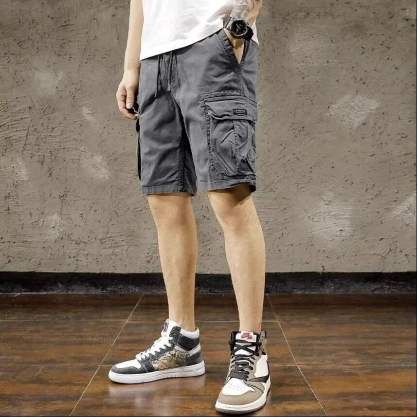 Elastic Waist Long Wide Solid Baggy Multi Pocket Loose Half with Draw String Male Short Pants Bermuda Men's Cargo Shorts Popular