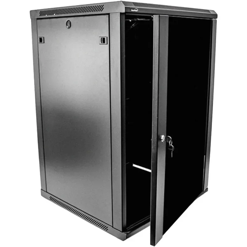 Gabinete de montagem em parede 18U Deluxe IT Rack de rede de servidor de 19 polegadas com porta de vidro com travamento 24 polegadas de profundidade preto