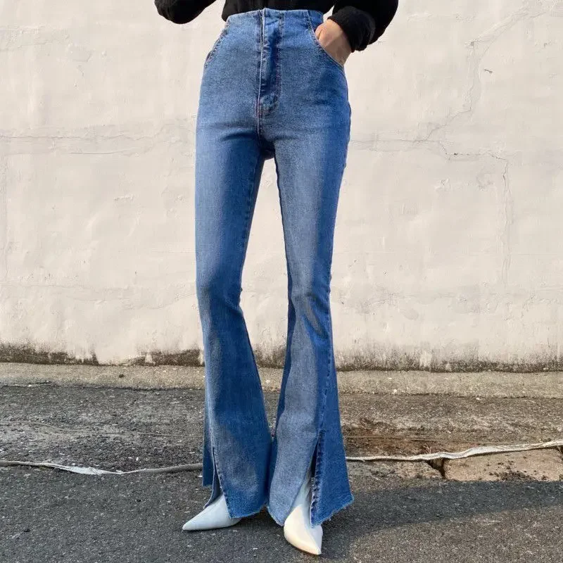 

2024 Women Korean Y2K High Waist Flare Blue Jeans Fashion Indie Side Split Denim Trousers 90s Aesthetic Slim Sexy Pencil Pants