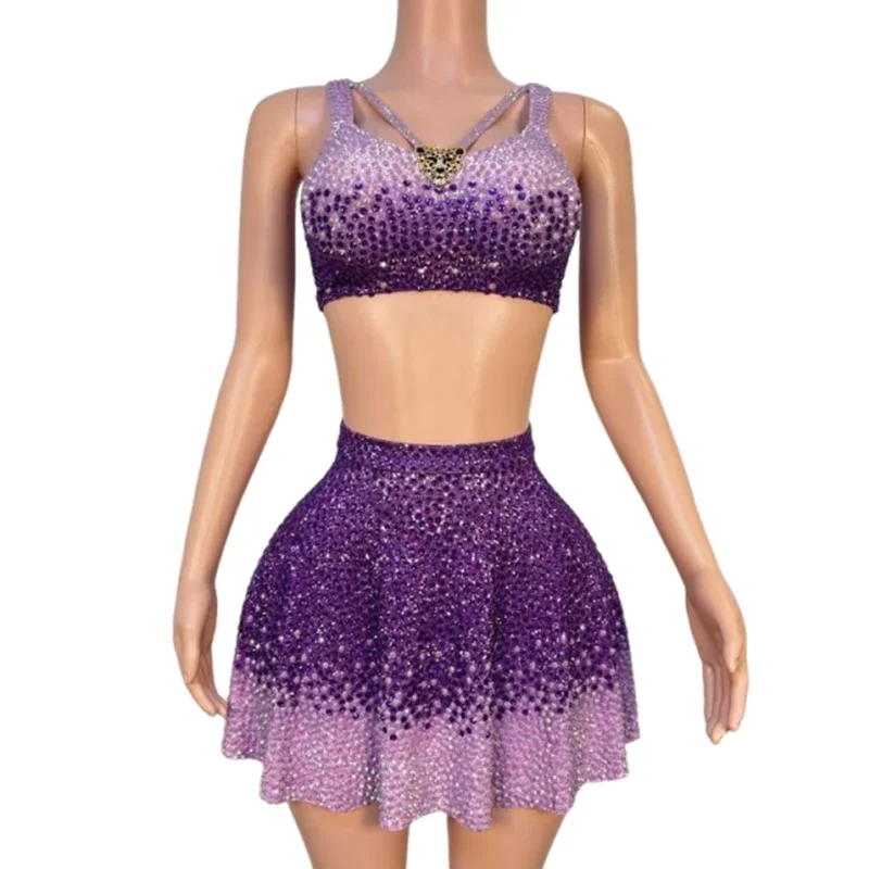 ملهى ليلي Dj Bar أنثى المغني نموذج كامل الماس القمم تنورة قصيرة مساء فستان أداء المرحلة دعوى فستان الحفلات