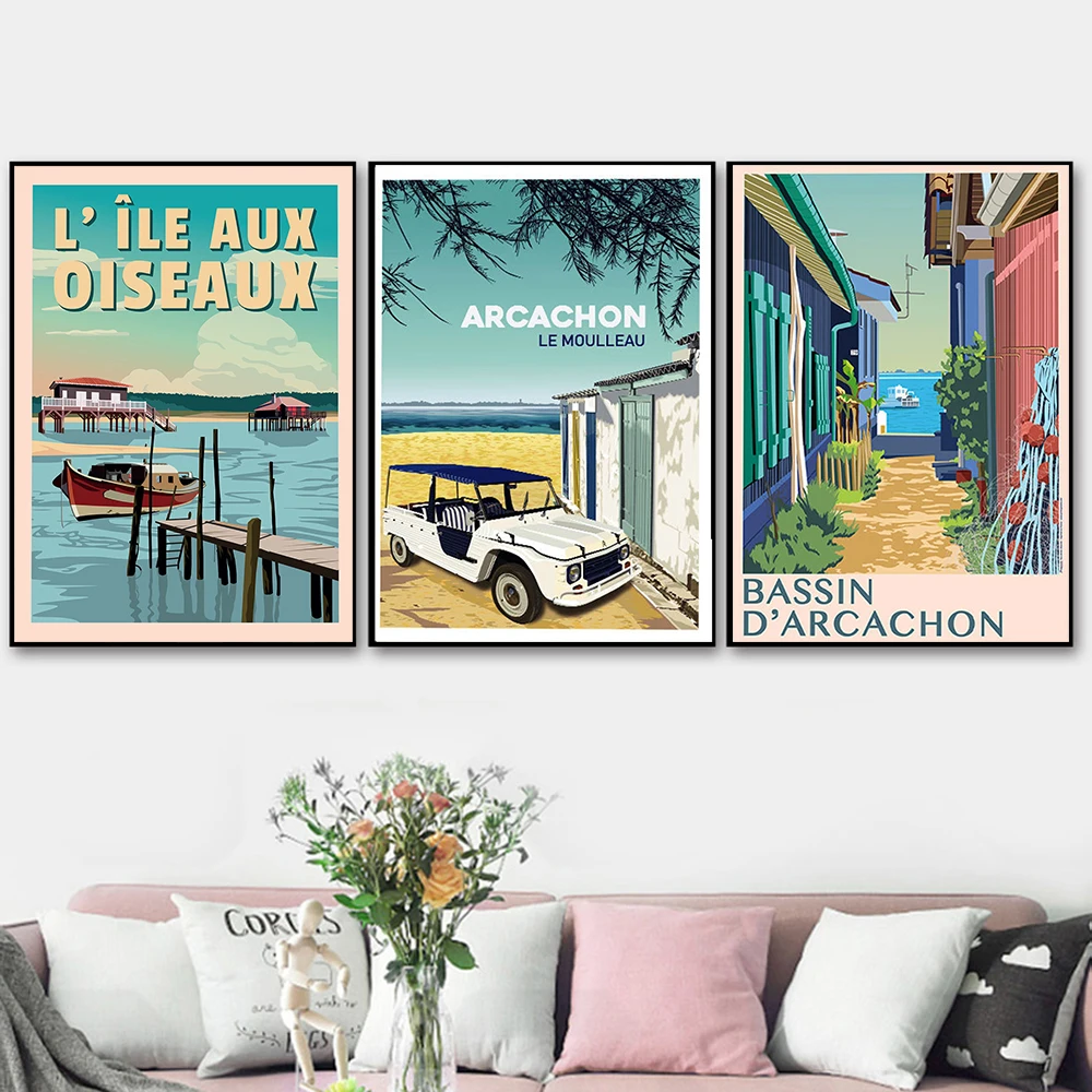 Travel Vintage Home Decor Arcachon Basin Landscape Traditional Village Poster Retro Vintage Wall Art Picture Living Room Decor