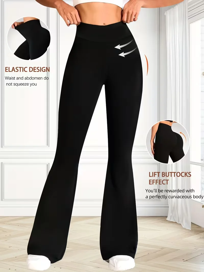 Pantalones de yoga de pierna ancha y cintura alta para mujer, estilo de pierna ancha elástico a media cintura, ropa de talla grande, pantalones y capris, ropa de mujer