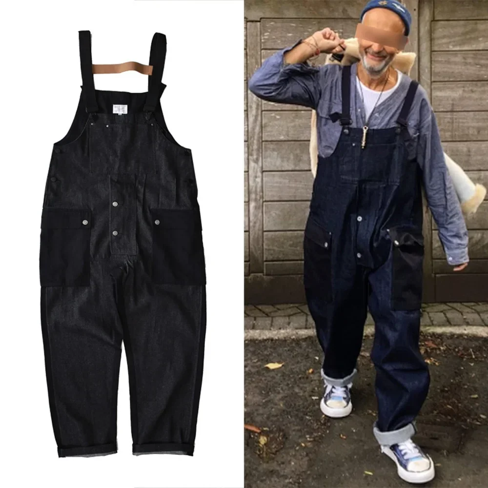 Men's American Casual Color-blocking Spliced Denim Long Pants, Amekaji Multi-pocket Workwear Suspender Pants.