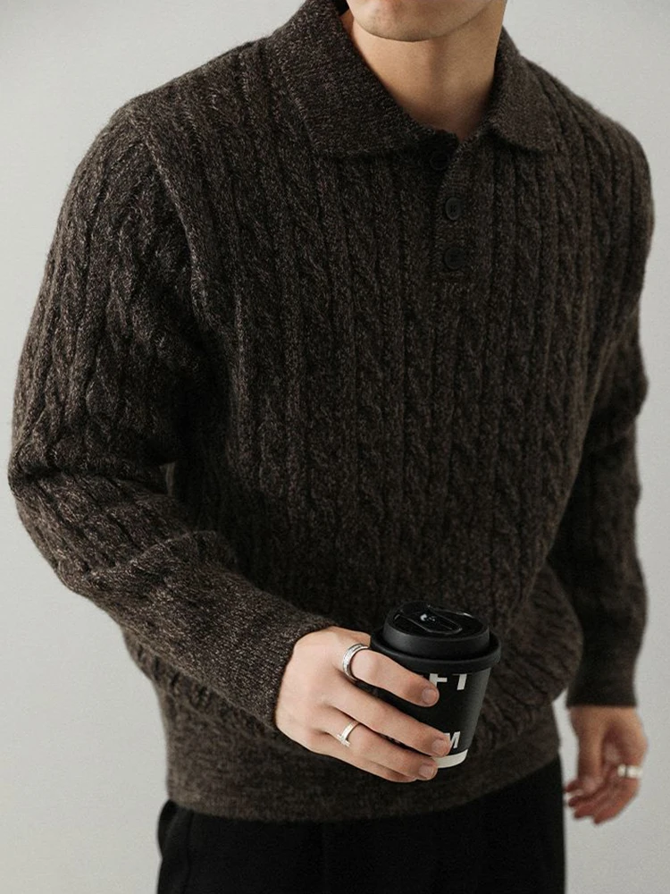 Męskie swetry polo z dzianiny żakardowej w stylu fashion twist, jesienno-zimowe, codzienne, zapinane na guziki, z kołnierzykiem, modne, jednokolorowe, dopasowane swetry.