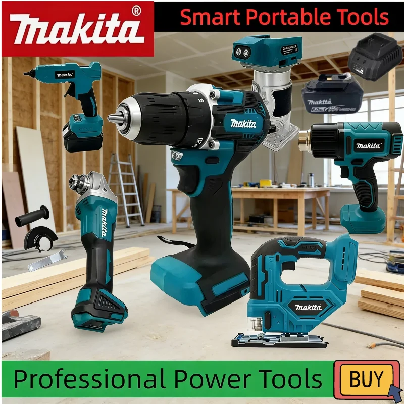 

Набор аккумуляторных бесщеточных инструментов Makita: шлифовальная машина, смазочный пистолет, цепная пила, насос для накачки, пистолет для герметика и набор режущих инструментов 18В