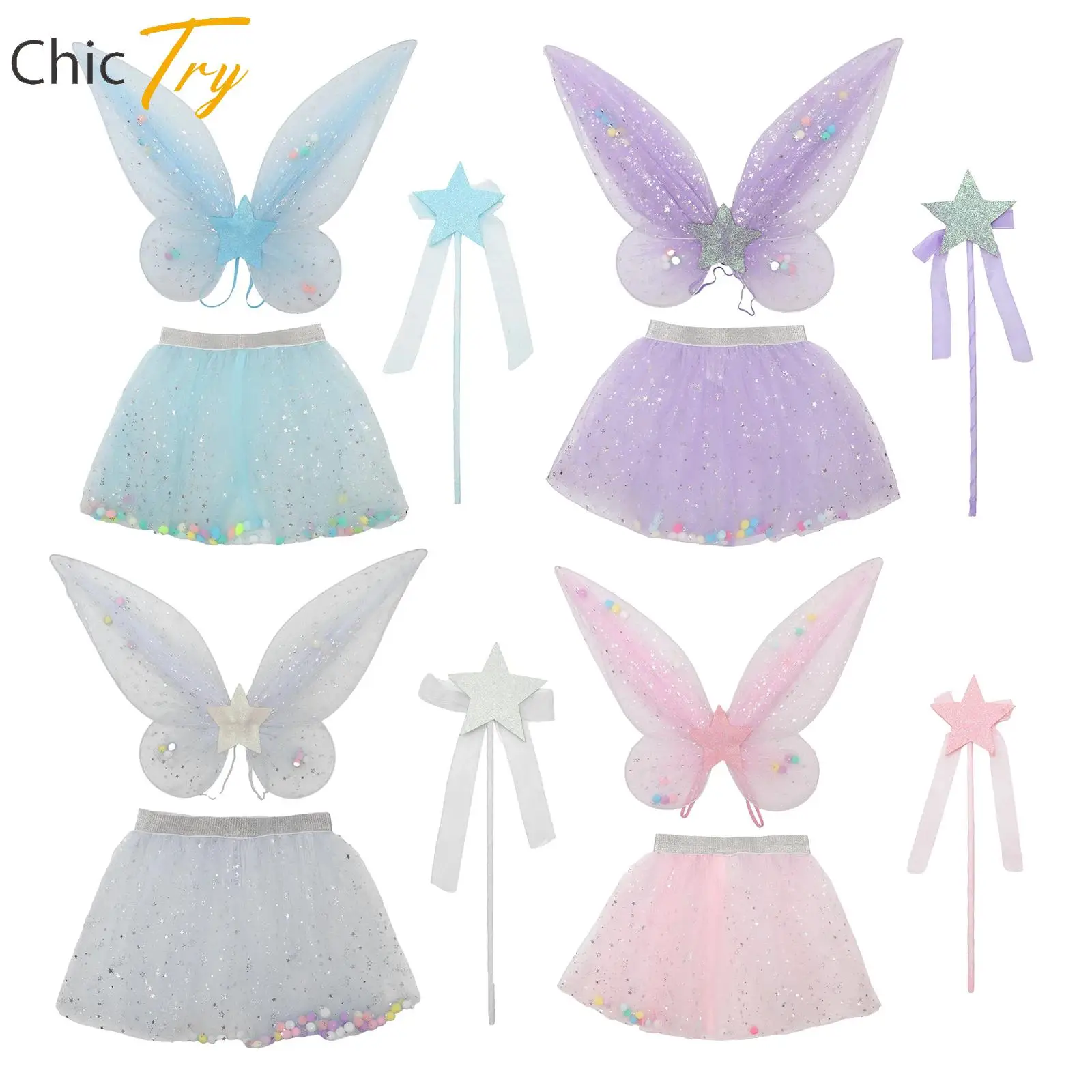 Girls Butterfly Fairy Halloween Cosplay Party Dancewear 3-piece Accessories Elf Wings Colorful Pompoms Tulle Skirt and Star Wand