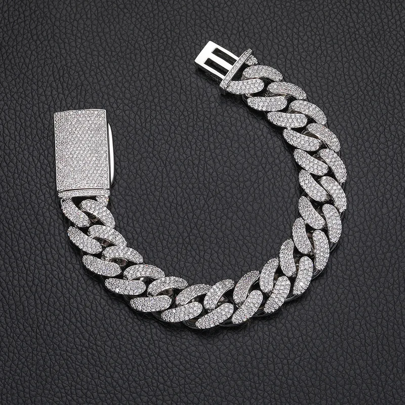 

Classic 15mm Cuban bracelet with 3 rows of moissanite inlay, hip-hop accessory price