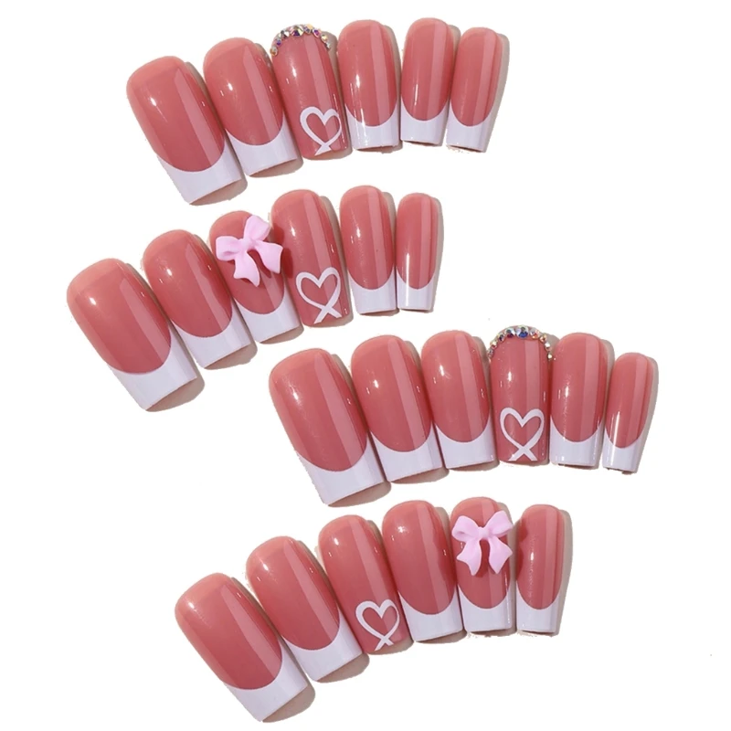 Uñas postizas medianas largas con moños elegantes, cubierta completa, nude brillante, cuadradas, acrílicas 4