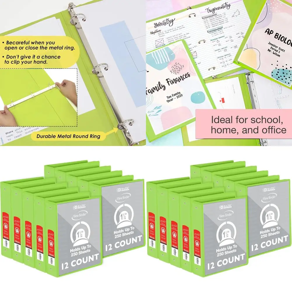 

1,5-дюймовая папка-регистратор лаймово-зеленого цвета с прозрачной накладкой и круглыми кольцами, вмещает 280 листов, упаковка из 12 штук.