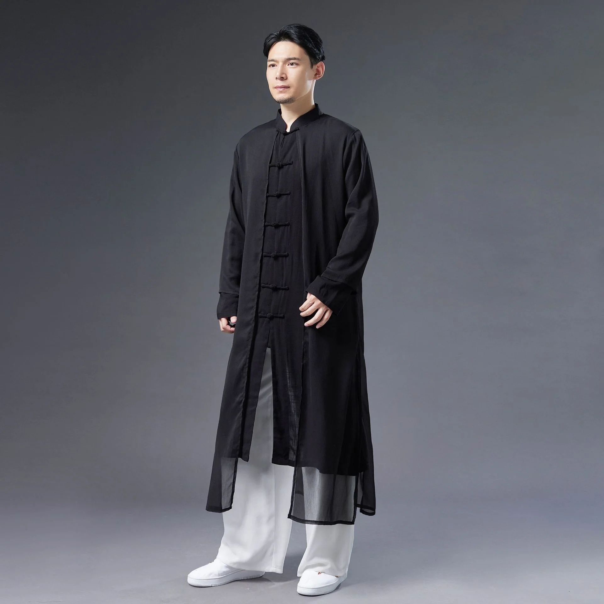 2022 Chinese Traditional Dress Loose Cotton Linen Robe Men Clothing Fake Two Casual White Tang Suits Black Trench Coat Male