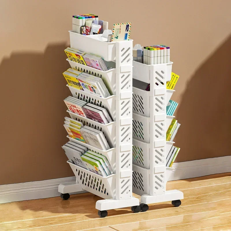 

Multi-layer movable bookshelf dormitory book and magazine storage basket on wheels