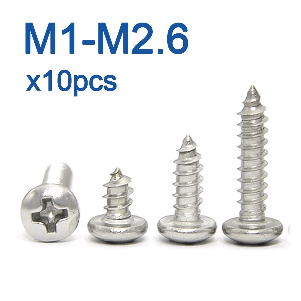 10 pcs/lot Cross Recessed Round Head Tapping Screw M1 M1.2 M1.4 M1.5  M1.7 M1.8 M2 M2.2 M2.3 M2.5 M2.6  Stainless Steel  Wood