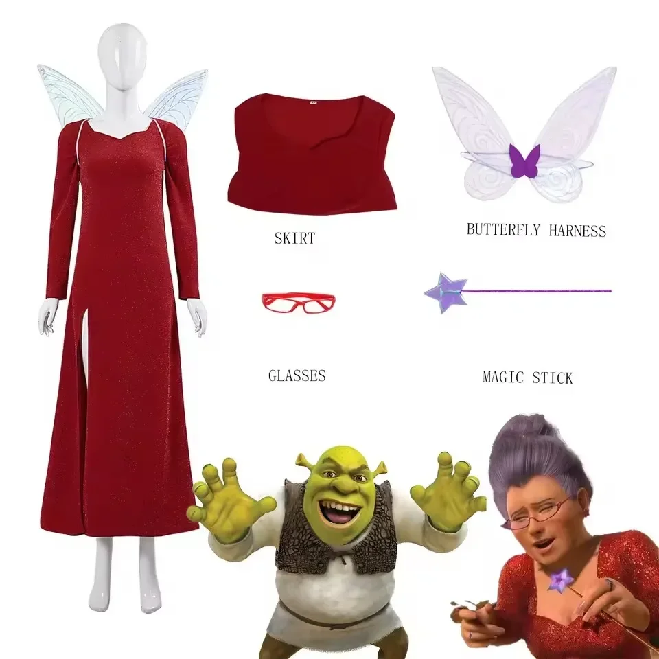

Shrek the Monster Fairy Godmother Cosplay Dress Long Dress Halloween Fairy Wings stage show set