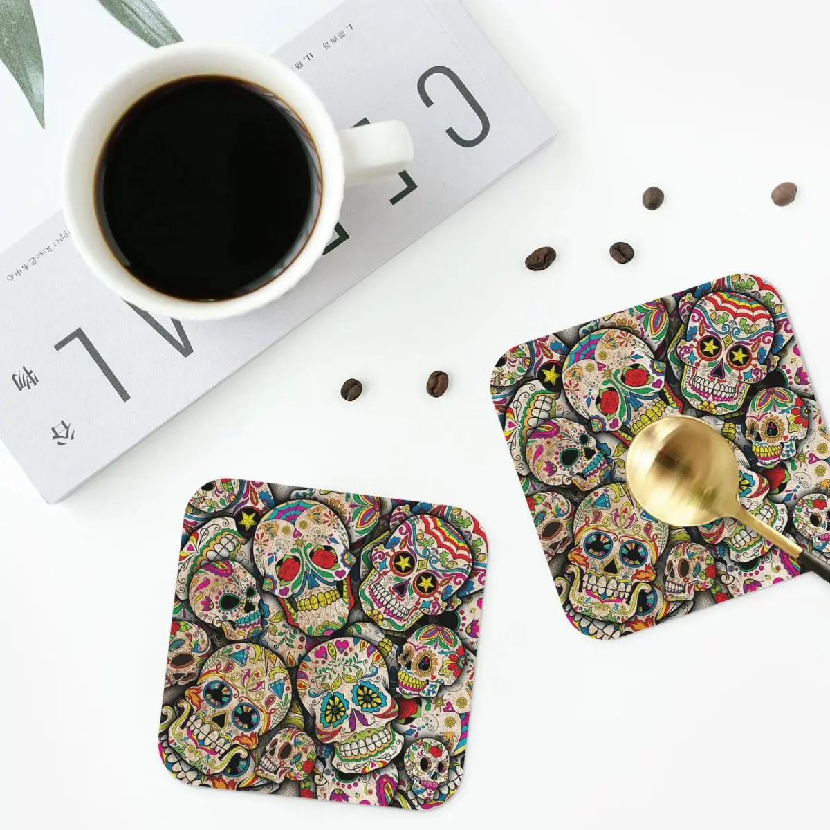 Sugar Skull Collage Coasters PVC Leather Placemats Insulation Coffee Mats for Home Kitchen Dining Pads Set of 6