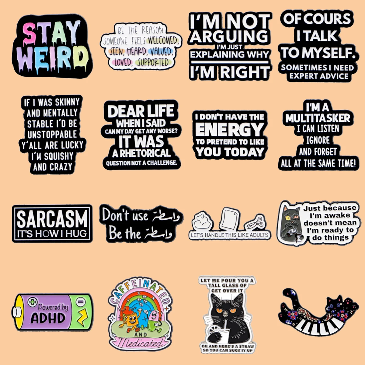 

ADHD Battery Quotes Enamel Pin Piano Cat Brooches Lapel Pin Badge on Backpack Clothing Accessories Fashion Friends Gifts