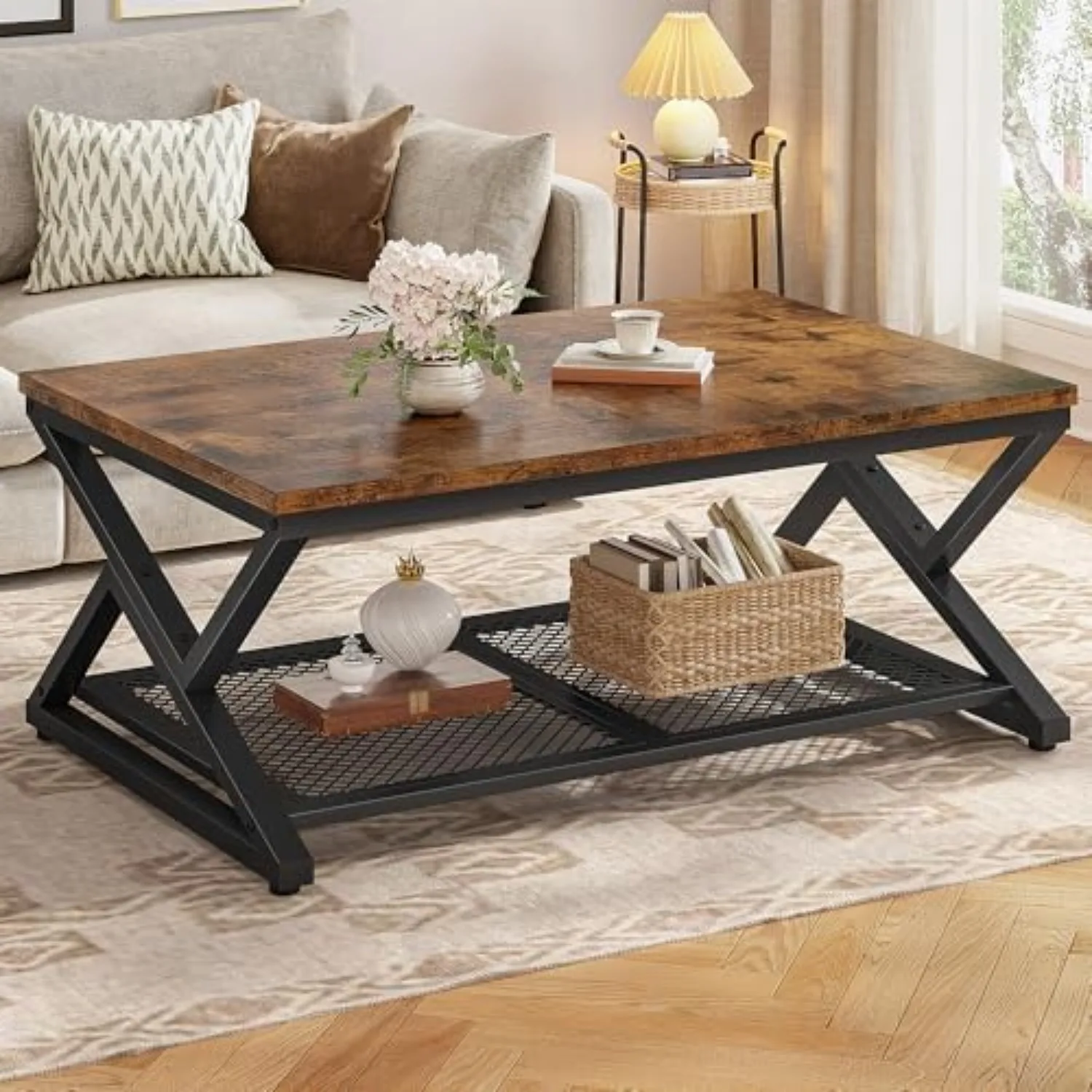 Coffee Table with Storage & Shelf for Living Room, Rustic Brown | Families, Wood & Metal, Holds Magazines & Drinks