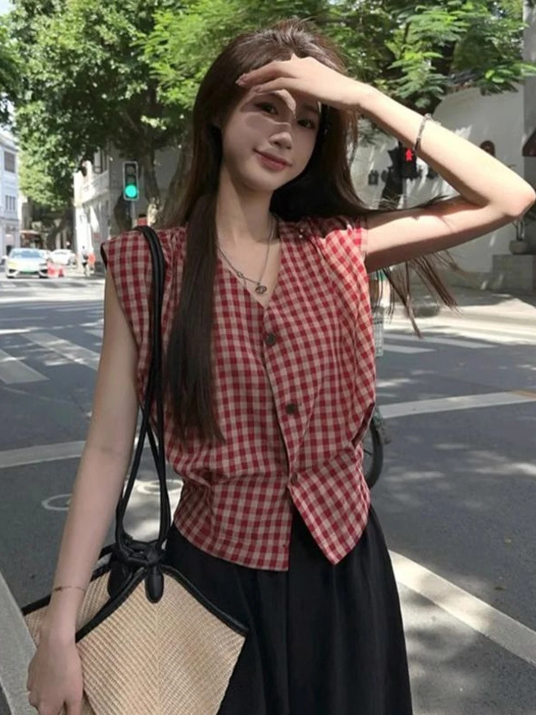 

Retro Red Plaid Sleeveless Vest Women's Design Summer Outerwear Waist-Cinched Top Korean Style Straight Cut Button Detail