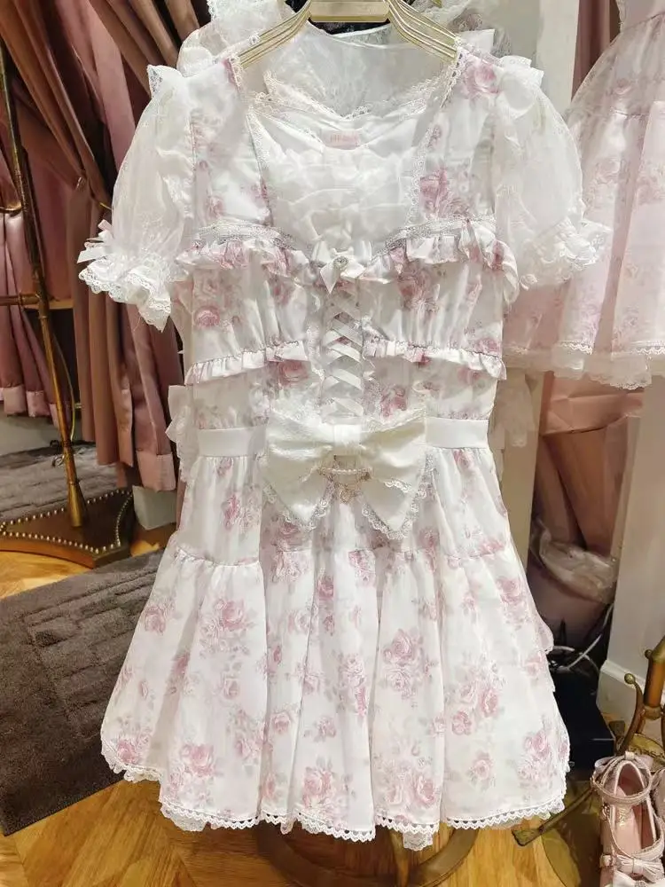 Liz Sweet Rose Ribbon Vita alta Lolita Dr Princ Gonna Nodo Stampa floreale Sle giapponese Dr